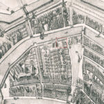 Lege erven ter hoogte van Singel 413-419 op de kaart van 1597, getekend, gegraveerd en uitgegeven door Pieter Bast