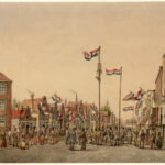 Feestelijke inwijding van de Willemsstraat, voor demping de Goudsbloemgracht geheten, links zijgevel Brouwersgracht 137, 1857. Rieke, J.G.L., Stadsarchief Amsterdam.