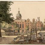 Op de voorgrond de Blauwsteenmarkt op het Amstelveld. Gerrit Lamberts (1860).