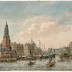 Haringpakkerstoren met erachter Nieuwendijk 1 en rechts ons hoekpand aan de Haarlemmerstraat 1 in 1755. Door: Beijer, Jan de. Bron: Stadsarchief Amsterdam.