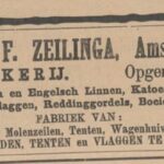 Zeilmakerij F. Zeilinga verhuist in 1879 van Groningen naar Amsterdam, waar het kantoor houdt aan Binnenkant 37. Advertentie: Schuttevaêr 25-08-1906