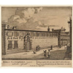 Links het Spinhuis, Spinhuissteeg 1 en rechts nrs 1A, 3 en 5. Prent, 1710 Schenk, Pieter, Stadarchief Amsterdam.