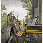 Mozart als kind op de piano begeleid door vader Leopold op de viool en zijn zus op zang. MeisterDrucke.