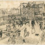 Zeer impressionistische weergave van het hoekpand door Israels, I. L. (Isaac) gemaakt vanuit ons pand aan de Haarlemmerstraat 1, circa 1890. Bron: Stadsarchief Amsterdam.