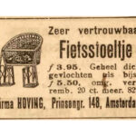 Een van de eerste advertenties voor een fietsstoeltje. De Courant 24-05-1919