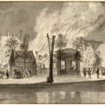 De Soeploods in lichterlaaie tijdens de oproer in 1835 met rechts Brouwersgracht 62, door Lamberts Gerrits