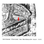Kaart Amsterdam Geldersekade Balthazar Floriszn Van Berckenrode uit 1625. De rode pijl geeft de ligging van de Geldersekade 14 aan.