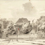 Links van de tuitgevel zal in 1764 de diaconieruimte komen. Tekening: Pothoven, Hendrik (1758) Stadsarchief Amsterdam.