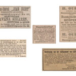 Linksboven: Het nieuws van den dag - kleine courant 12-04-1877 / rechtsboven: Het volksdagblad 21-05-1898 / midden: Het volksdagblad 23-05-1898 / linksonder: Amstelodamum, jrg 12, 1925 / rechtsonder: Algemeen Handelsblad 25-01-1927.