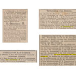 Boven: Het Nieuws van den Dag, Kleine Courant, links 20-03-1890, rechts 02-04-1890. Linksonder: Het Nieuws van den Dag: Kleine Courant 07-06-1910, rechtsonder Algemeen Handelsblad 27-05-1909