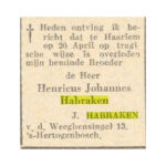 Rouwadvertentie Harry Habraken geplaatst door zijn broer. Bron: Brabants Dagblad, 15 mei 1945.