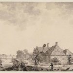 Een prent uit 1813 van de poldermolen achter Zeeburg. Geheel links huis Zeeburg met huisjes, (van Delden).