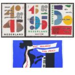 Ontwerpen van Jan Bons. Boven postzegels ter gelegenheid van bevrijdingsdag en onder een omslag van een boek.
