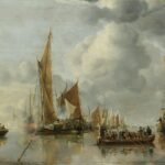 Marineschilder Jan van der Capelle schilderde uitsluitend zeegezichten bij rustig weer met een rijk kleurenpalet, waarbij het licht en de reflectie op het water centraal stonden. Begroeting van een regeringssloep door de binnenvloot, circa 1650.