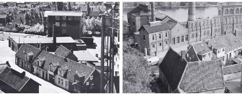 Voor- en achtergevel van de huisjes met er tegenover de gasfabriek. De twee arbeidershuisjes links zijn inmiddels gesloopt. Foto: Gemeentearchief Zaandam (jaren ’60)