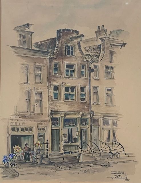 Ingekleurde pentekening van Korte Leidsedwarsstraat, 1948