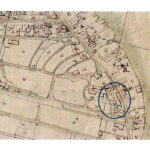 Kadastrale minuut 1817 met boomgaard waar nu de huisjes op nummer 173-179 zijn (net boven blauwe cirkel). Gemeente Zaandam.