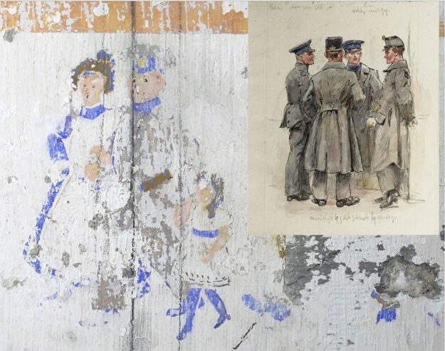 Fragment van de muurschildering met als inzet de tekening 'Onderofficieren infanterie' uit 1916 van Jan Hoynck van Papendrecht.