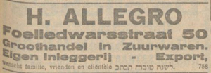 1923 Advertentie zuurinleggerij Allegro in de Foeliedwarsstraat 50-52 - Foto Delpher 