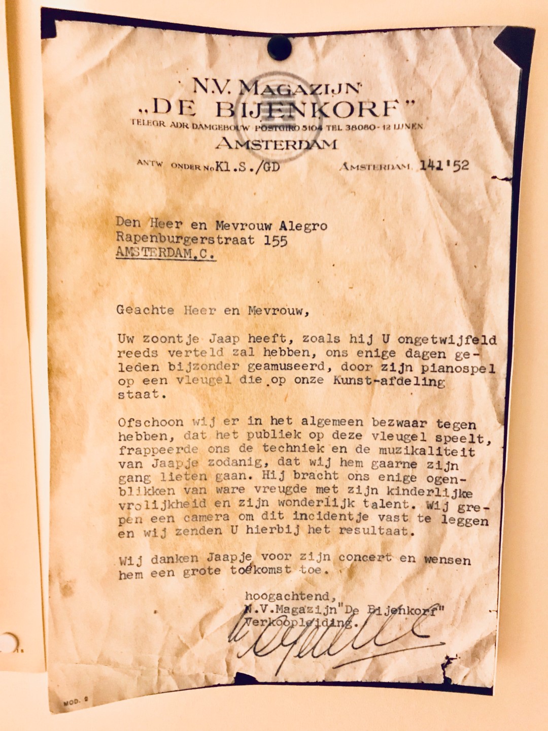 1952 Brief over Jacob (Jaapje) van de Bijenkorf- Foto familie Wegloop