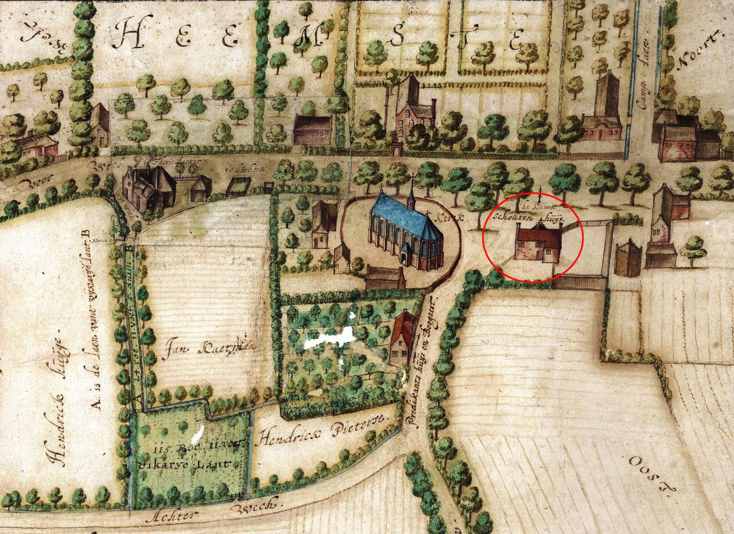 Kaart uit 1626 van Balthasar Florisz van Berckenrode. Het rode rondje is het voormalig 'schoutenhuys'.