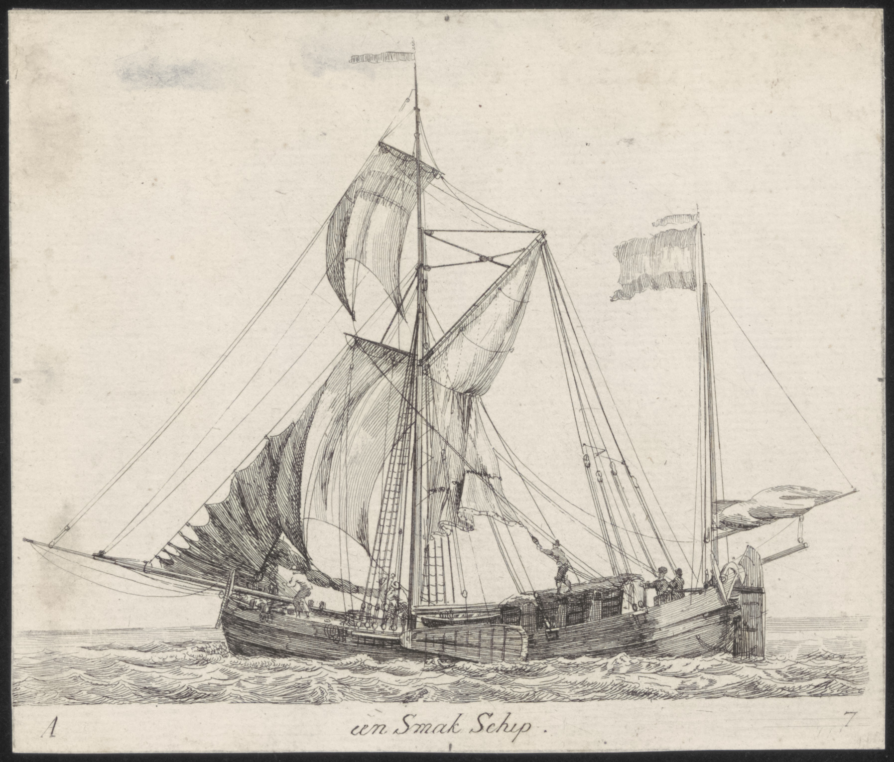 Prent van een Smak Schip. Vervaardiger: Gerrit Groenewegen 1786-1789. Bron: Zuiderzeecollectie